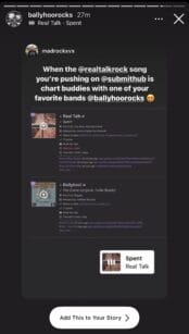 Screenshot of an Instagram Story showing chart placement of Real Talk and Ballyhoo! on SubmitHub